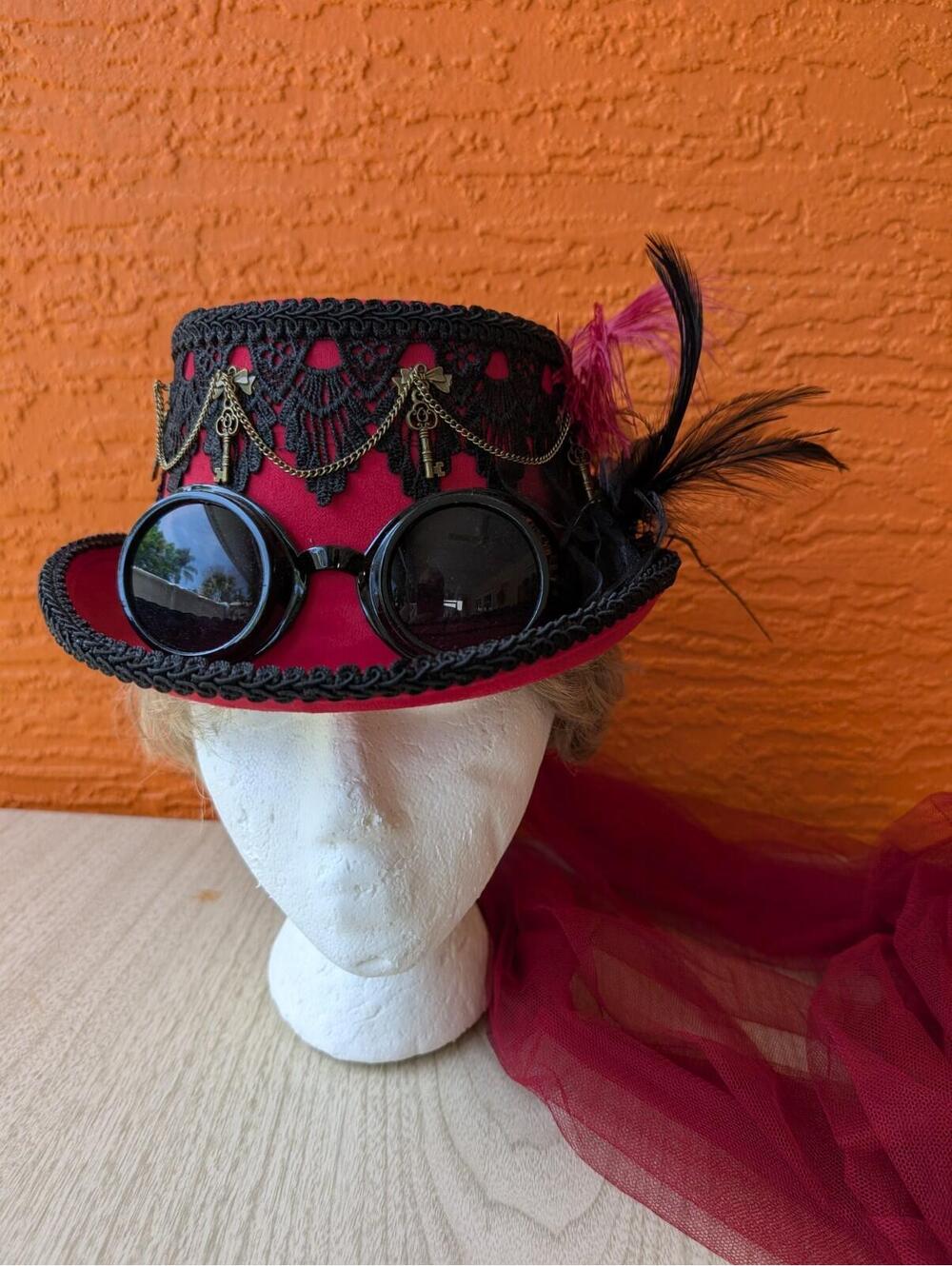 Black Red Steampunk Burning Man Top Hat With Goggles and Lace Party Head Gear - Picture 8 of 9